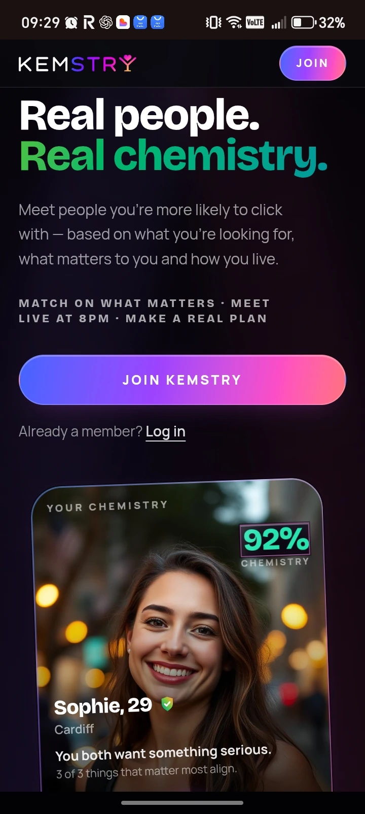 KEMSTRY landing experience with Real people, Real chemistry headline and profile card