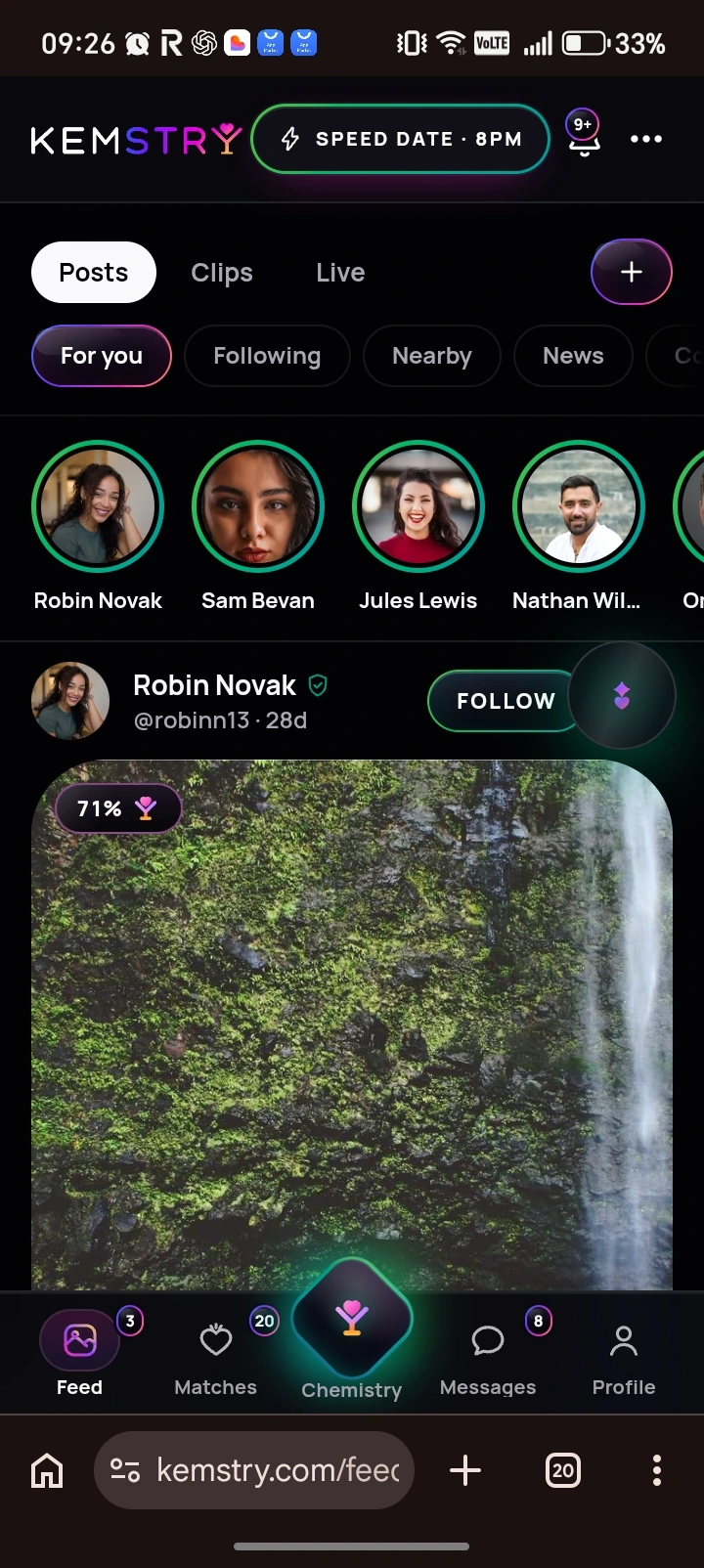 KEMSTRY social feed showing member stories, a profile post and chemistry navigation