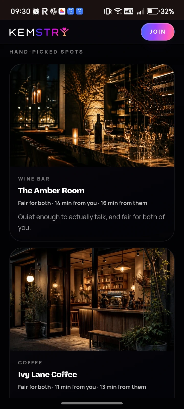KEMSTRY date discovery screen with curated wine bar and coffee venue recommendations