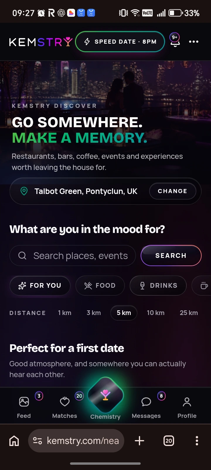 KEMSTRY Discover screen with location, search filters and date experience recommendations