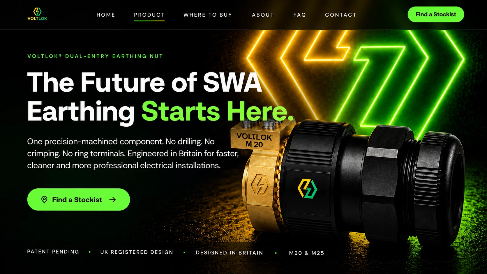 The VOLTLOK product website, headlined The Future of SWA Earthing Starts Here, with the M20 dual-entry earthing nut and a Find a Stockist button.