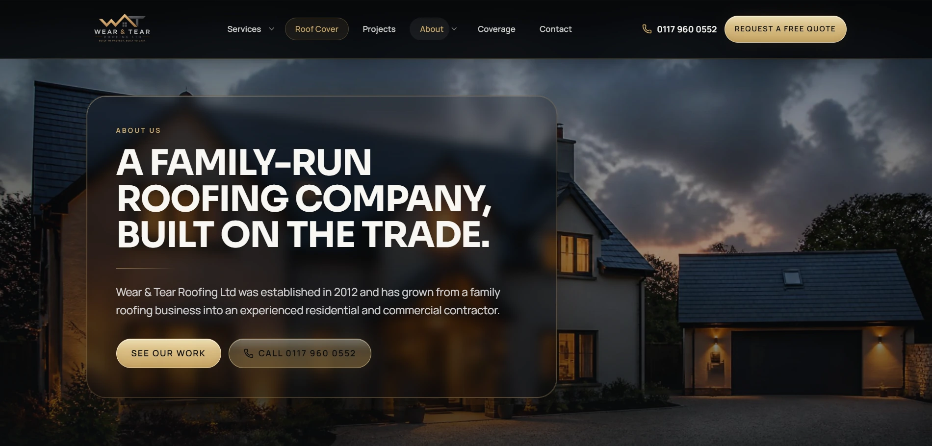 A premium roofing website designed and built by MILA, showing the navigation, headline and calls to action.