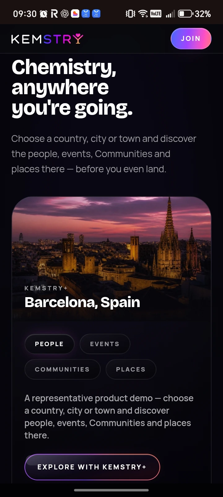 KEMSTRY Travel Mode screen featuring Barcelona and destination discovery options