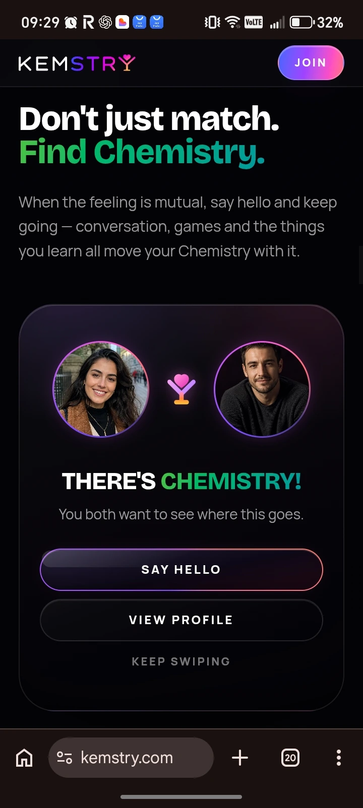 KEMSTRY chemistry match screen showing two matched profiles and conversation actions